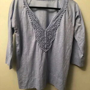 J crew lace front tee 3/4 sleeves v-neck m light blue crochet light purple